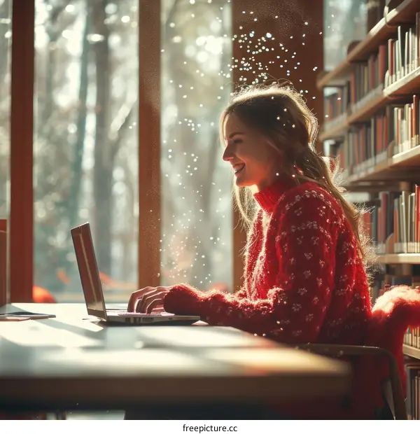 A young woman sitting in a library using a laptop