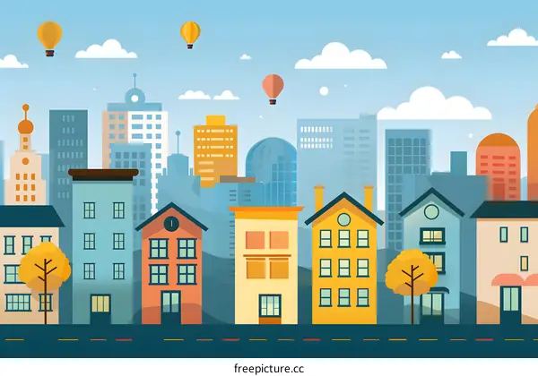 Cityscape with Hot Air Balloons in the Sky Illustration