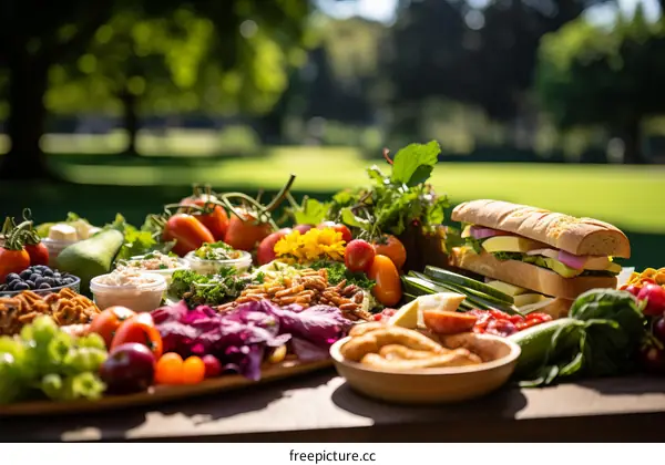 Healthy Picnic in the Park with Vegetables, Fruits, and Sandwiches