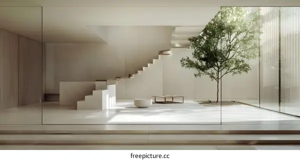 Modern Minimalist Home Interior Design with White Marble and a Green Tree