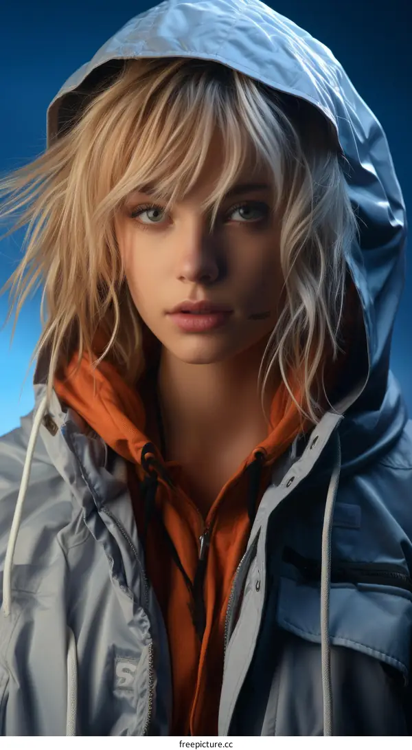 portrait of a young woman with blonde hair and green eyes wearing a white and orange jacket with a hood