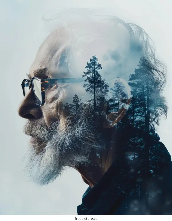 An illustration of an old man's face combined with a forest