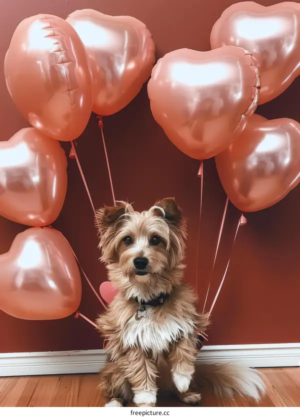 Small dog sits in front of a wall with pink heart-shaped balloons