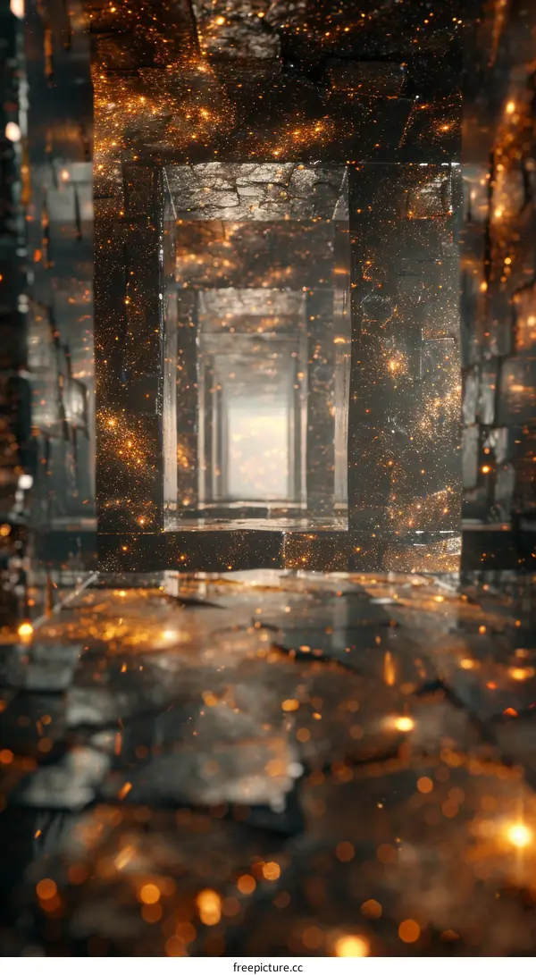 Mystical Golden Light in Dark Stone Corridor