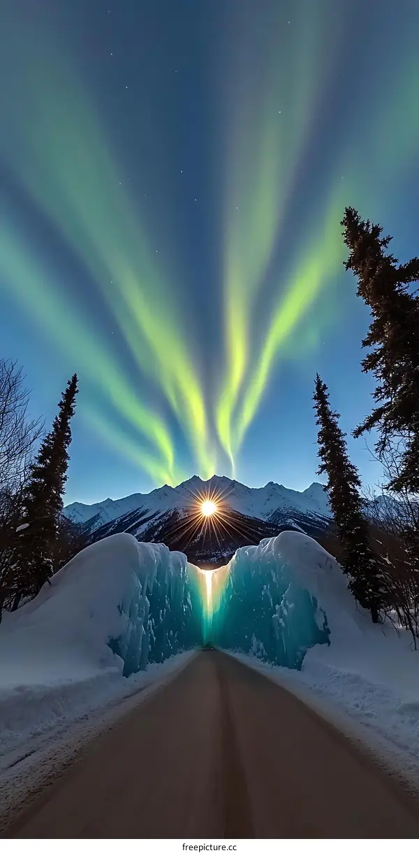 Northern Lights Shining Through Ice Wall Tunnel