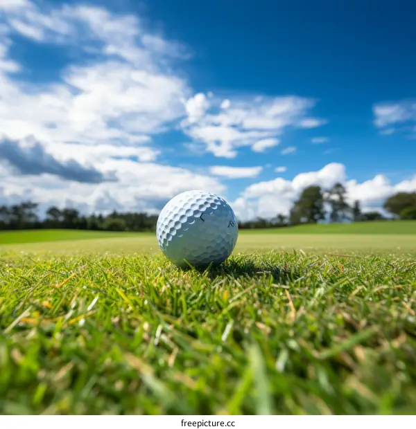 Close-up of a golf ball on the green with the fairway and blue sky in the background