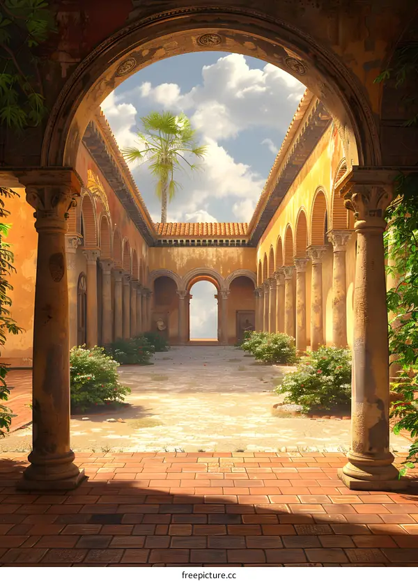 European style corridor with brick floor and marble columns