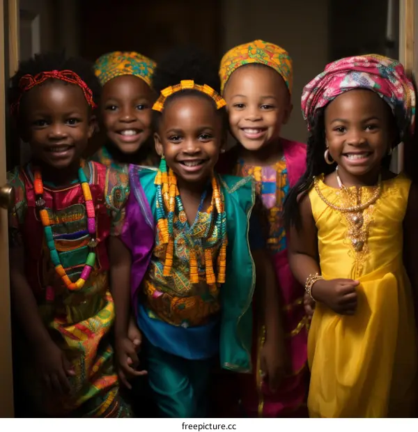 Portrait of five happy African children wearing traditional clothing