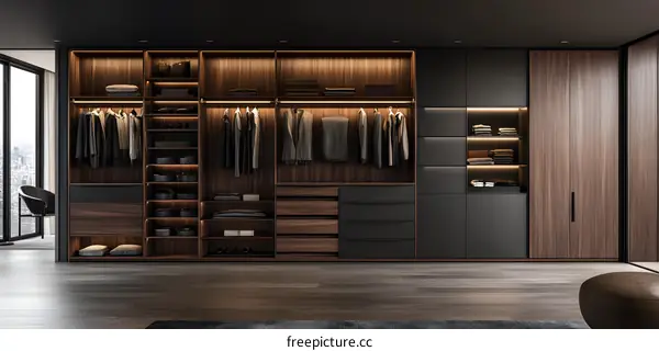Modern Walk in Closet Design with Wooden Shelving