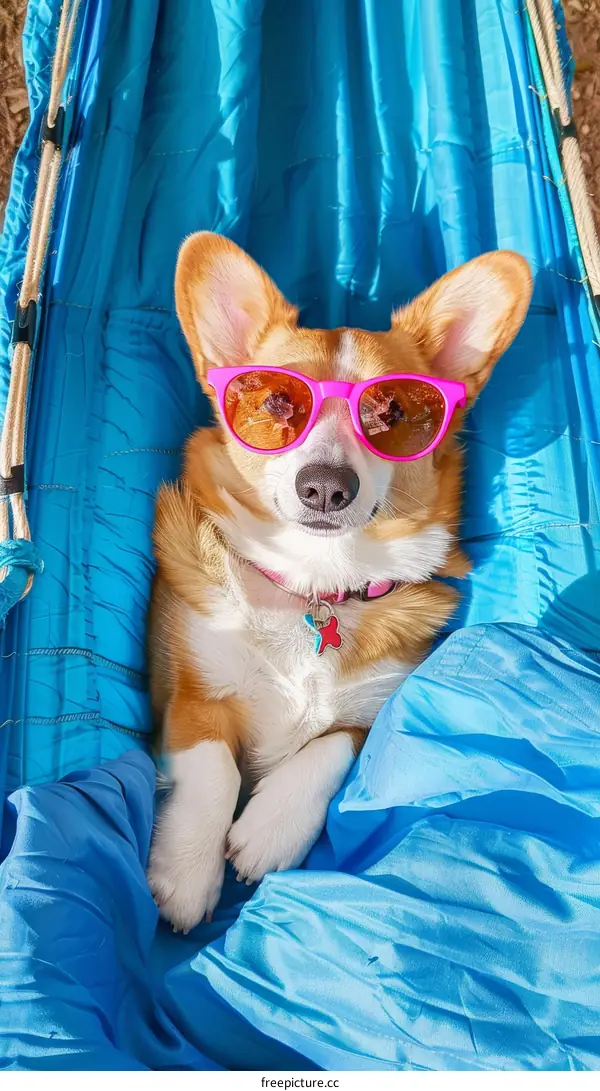 A cute corgi wearing sunglasses is relaxing in a hammock