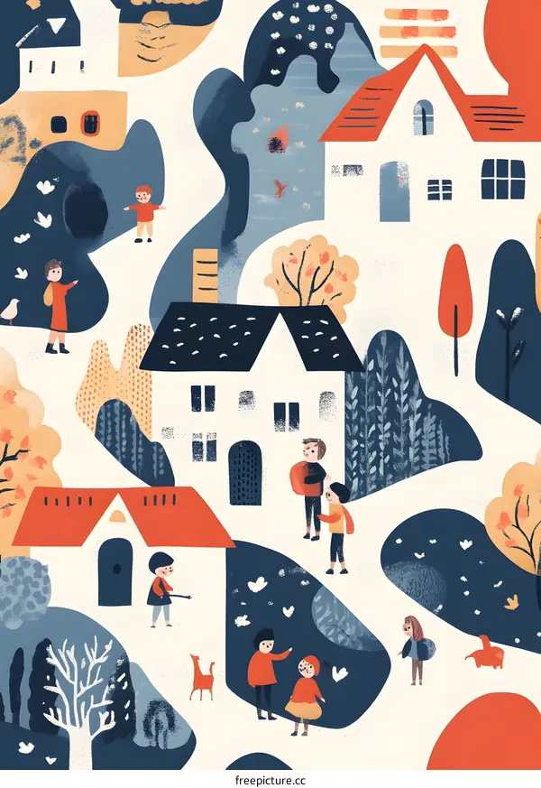 Cute Illustration of a Small Town with Children Playing