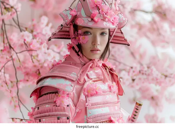 Portrait of a Young Woman in Pink Samurai Armor with Cherry Blossoms
