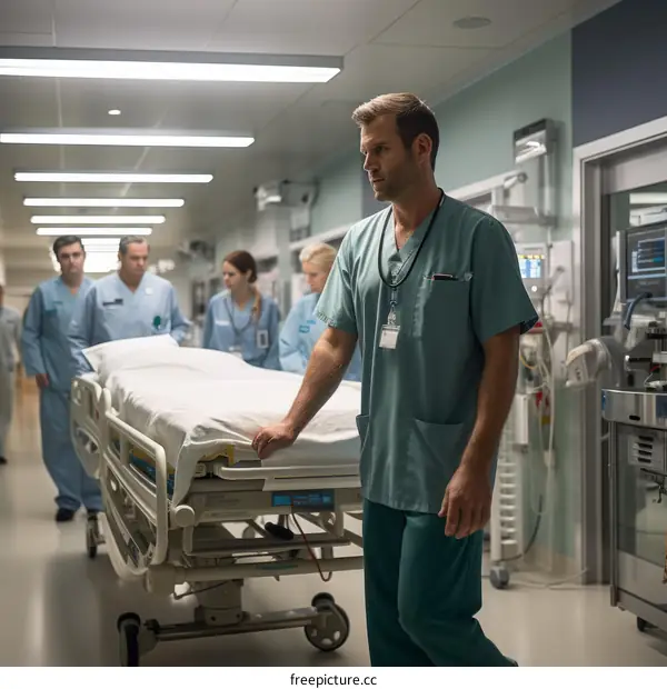 doctor pushing gurney down hospital hallway