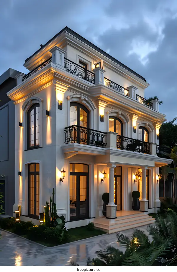 Three-story white modern villa