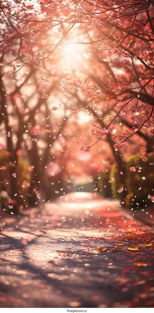 Falling Cherry Blossoms In The Sunlight