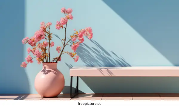 Pink Flowers in a Vase on a Bench with Blue Background