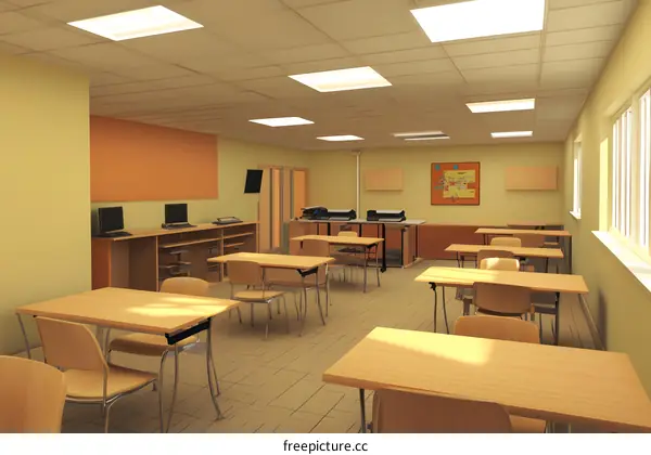 Empty Classroom Interior Design With Tables And Chairs