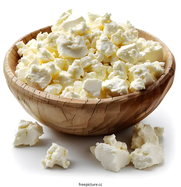 Crumbled feta cheese in wooden bowl