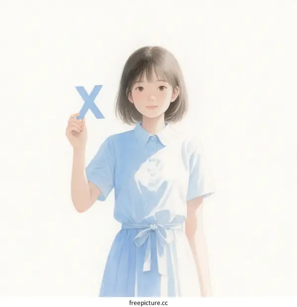 A Young Girl Wearing Light Blue Dress Holding Letter X