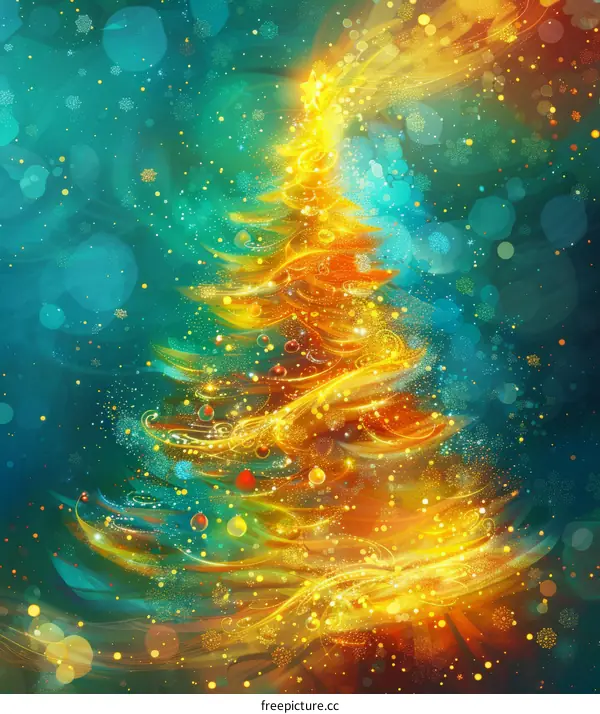 Golden Christmas Tree with Sparkling Lights and Decorations