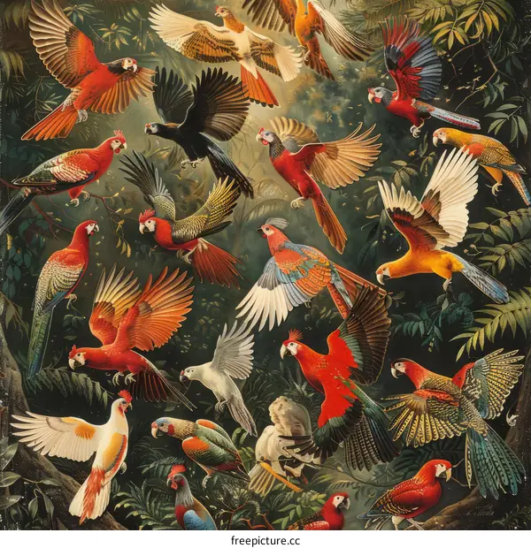 Illustration of a variety of parrots in a jungle setting