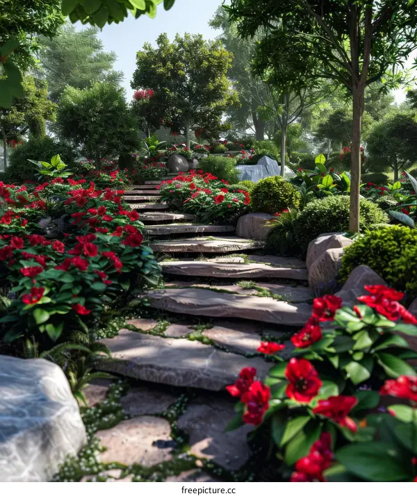 Stone Path Through Lush Garden with Red Flowers
