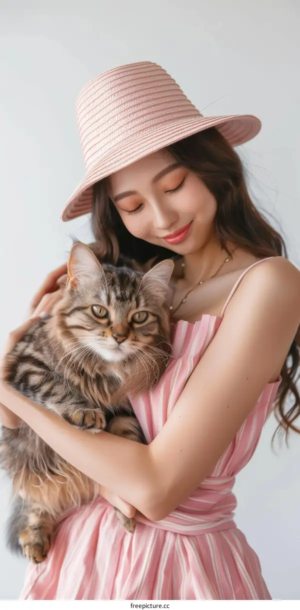 A young woman is hugging a cat