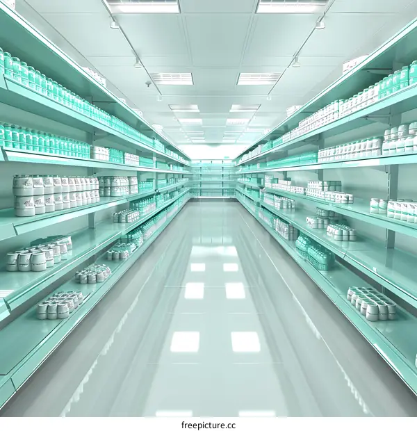 Empty Supermarket Aisle with Green Shelving and Products