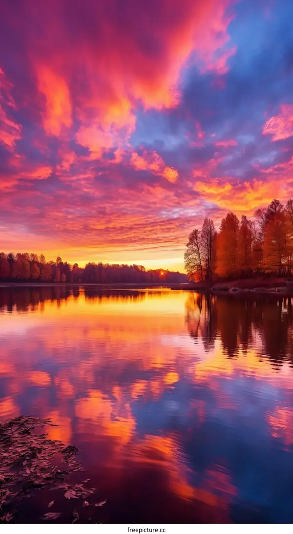 Vibrant Sunset over a Calm Lake with Reflected Colors