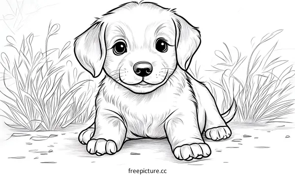 Adorable Puppy Illustration in Grassy Landscape