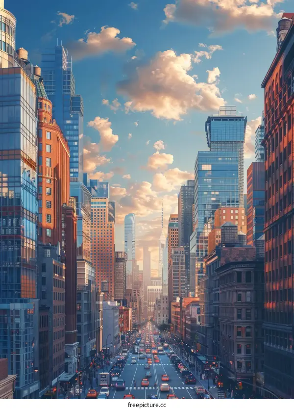 Busy City Street with People and Cars Crossing