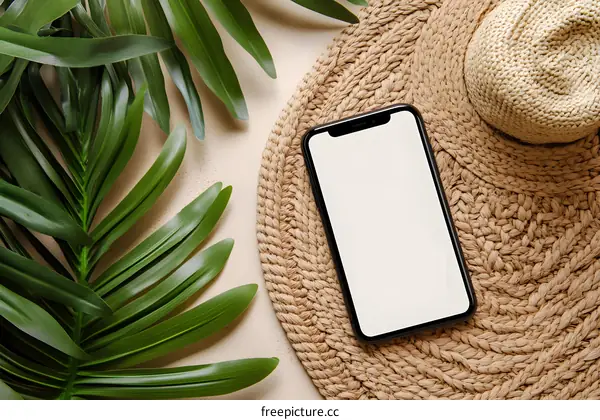 Blank Screen Smartphone on Woven Mat with Green Palm Leaves