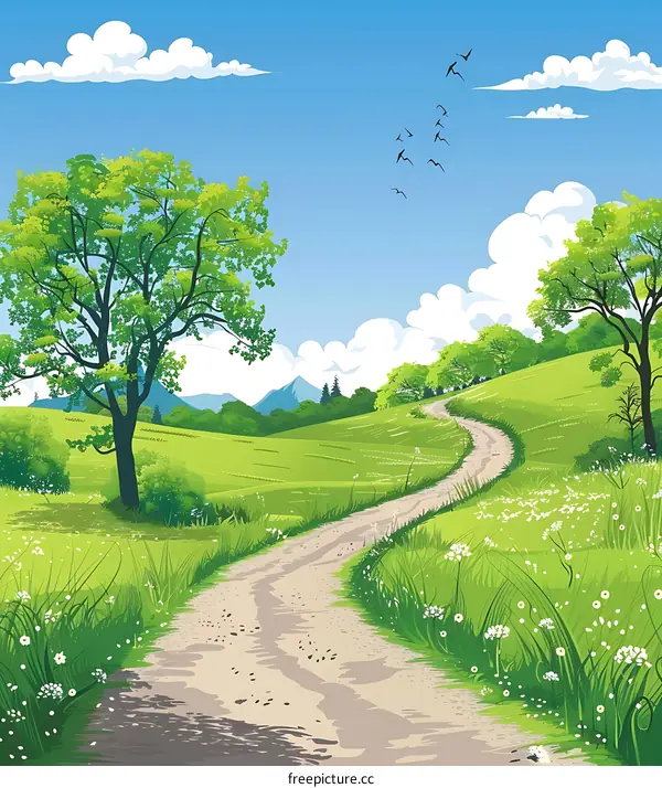 Summer Countryside Road With Green Trees and Blue Sky