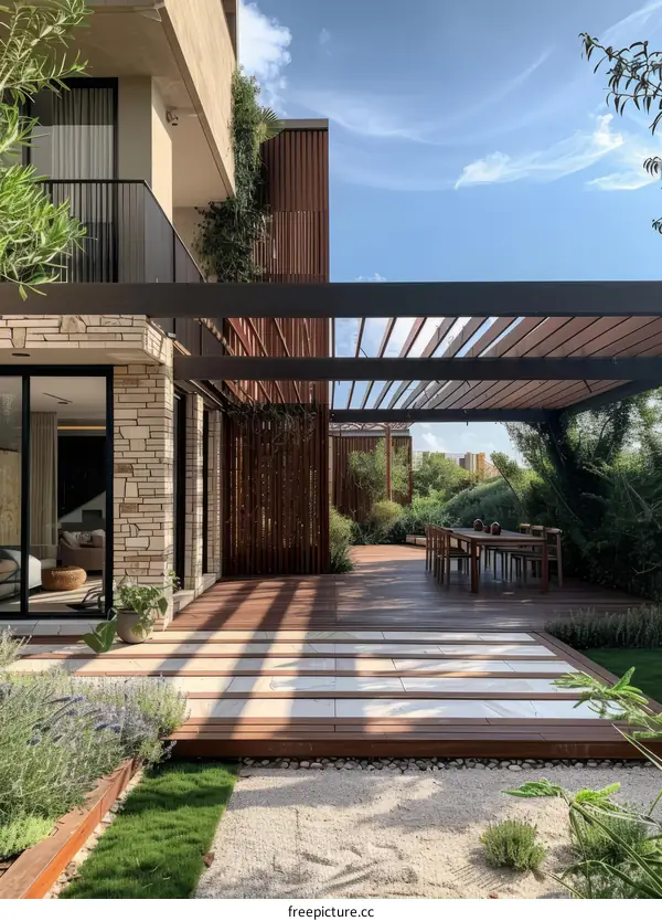 Modern Residential Exterior with Pergola and Wooden Deck