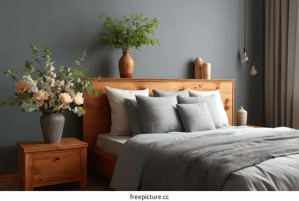 Cozy Bedroom Interior Design with Wooden Furniture and Flowers