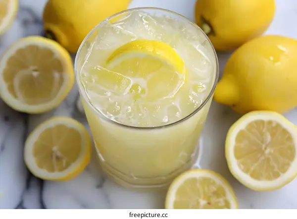 Glass of Lemonade With Lemon Slices on Marble Surface