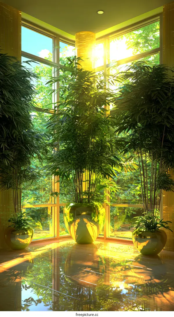 Sunlight Illuminates Corner Interior with Lush Plants
