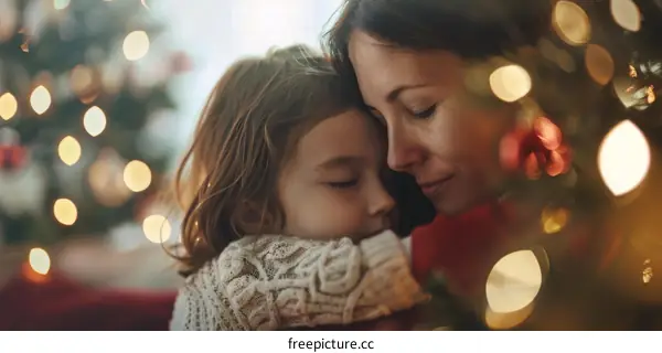 Mother and daughter hugging in front of a Christmas tree