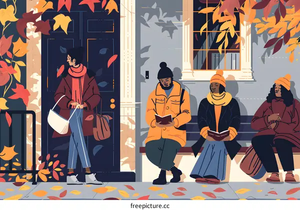 Four People In Autumn Sitting On A Bench And Reading Books