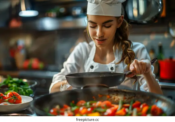 Young female chef cooking vegetables in a pan