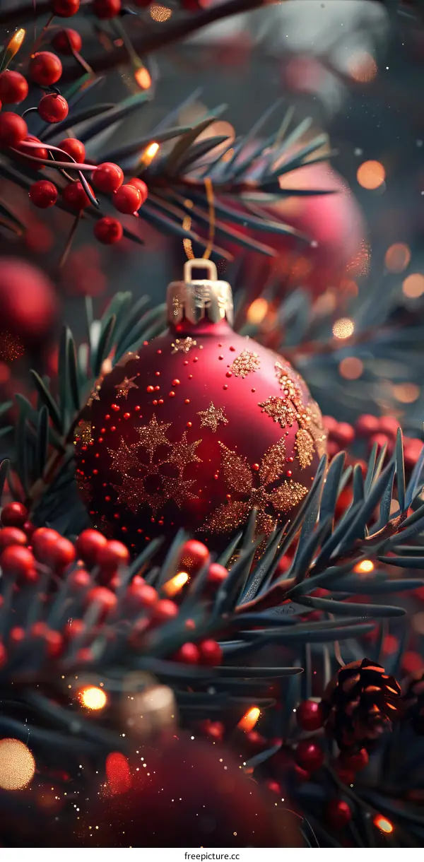 Festive Christmas Tree Ornament with Red, Gold, and Snowflake