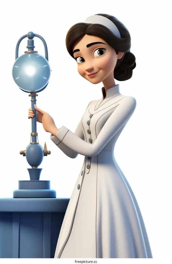 Cheerful cartoon female scientist in lab coat