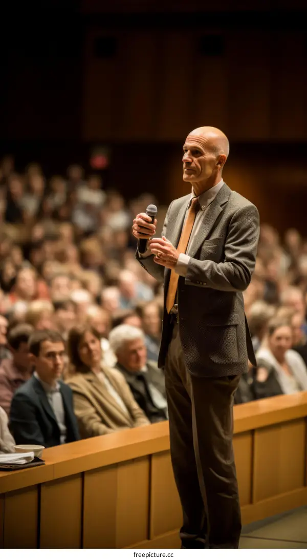Man in a suit speaking into a microphone in front of a large audience
