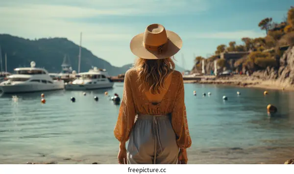 A woman wearing a hat is standing on the beach and looking at the sea