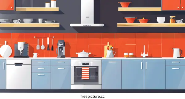 Modern Kitchen Interior Design with Blue Cabinets and Orange Tile Backsplash