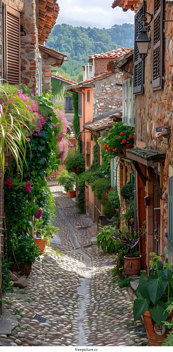 A narrow alley with stone houses and flowers