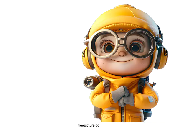 [Transparent Background PNG]A 3D illustration of a young boy wearing a yellow jumpsuit and a yellow helmet with goggles. He has a big smile on his face and is looking at the camera.