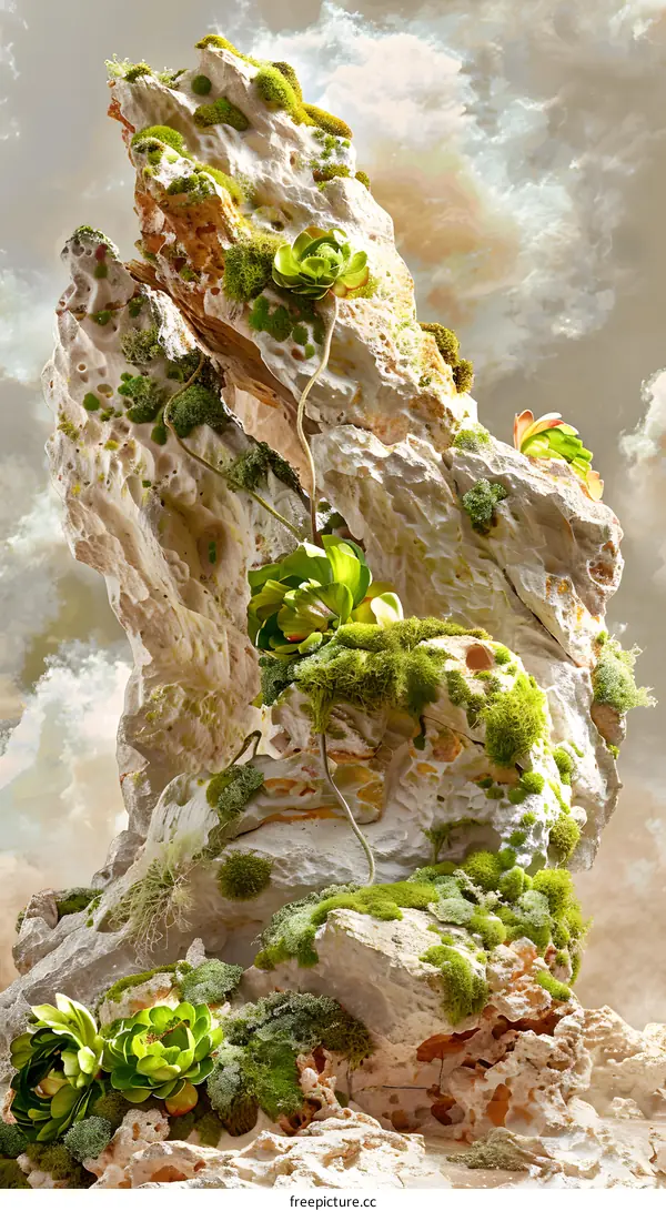 Green Moss Growing On A Large Rock With A Cloudy Sky In The Background