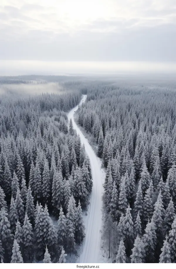 Snow-covered pine trees and road in the middle
