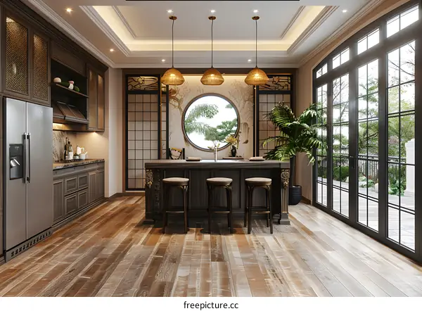 The elegant dining room is decorated with Chinese style